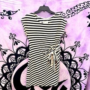 Saturday Sunday Striped Black and Cream Dress With Sash Ties Left Waistline XS